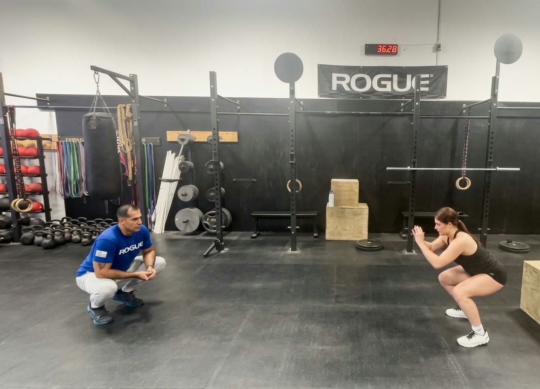 Dr. Andrew Cisneros, PT, DPT, MS coaching a CrossFit athlete on box jump loading and landing mechanics at Thrive Performance CrossFit in El Paso, TX