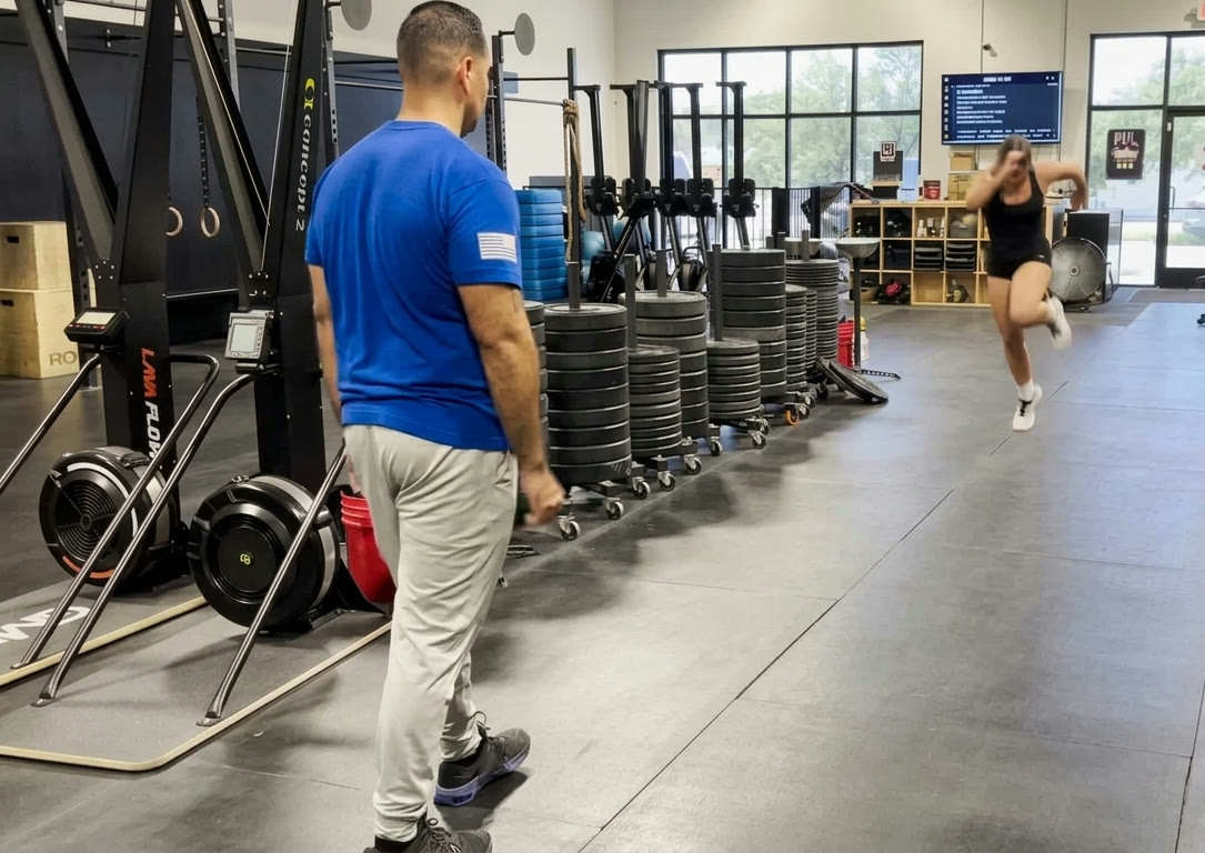 Dr. Andrew Cisneros, DPT running plyometric return-to-sport testing with a CrossFit athlete mid-air during single-leg hop assessment at Thrive Performance CrossFit in El Paso, TX