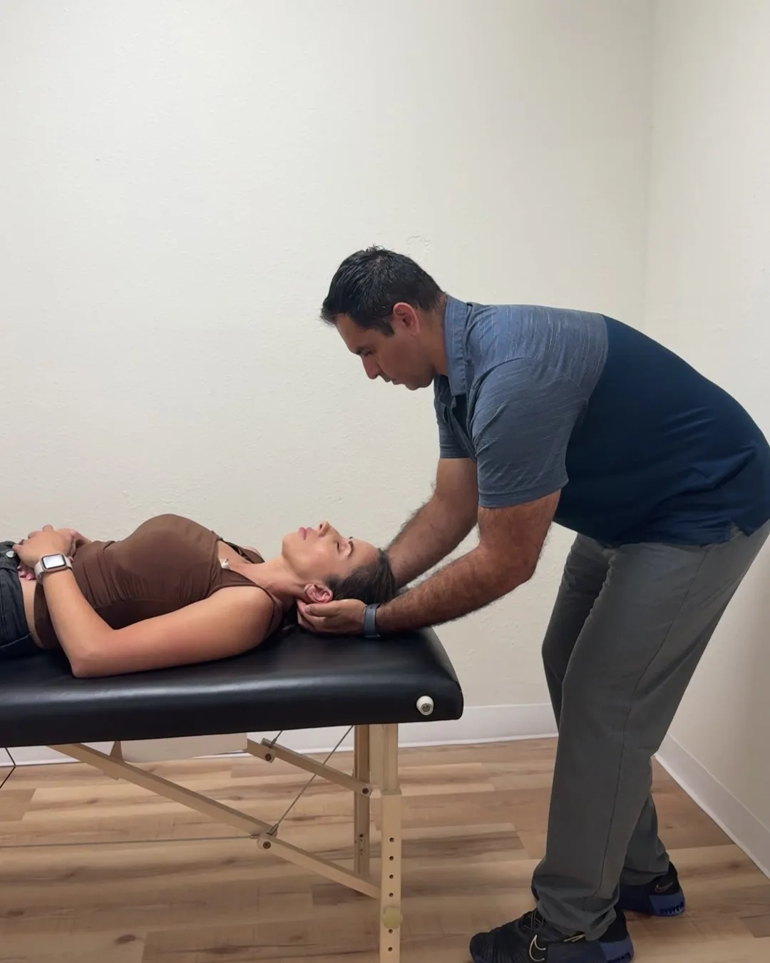 Dr. Andrew Cisneros, PT, DPT performing a sub-occipital release for cervicogenic headache at Solas Physical Therapy, 300 N Resler Dr, El Paso TX